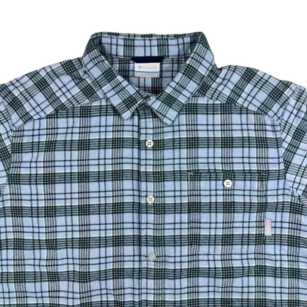 Columbia Flannel Hiking Shirt Men's LARGE Blue Green Plaid Long Sleeve Button Up